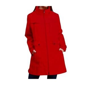 Cole Haan Womens Water Resistant Front Zip Closure Hooded Red Raincoat Size S